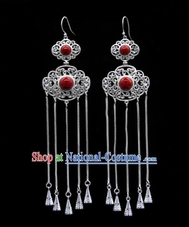 Chinese Traditional Ethnic Ear Accessories Handmade Mongol Nationality Red Stone Tassel Earrings for Women