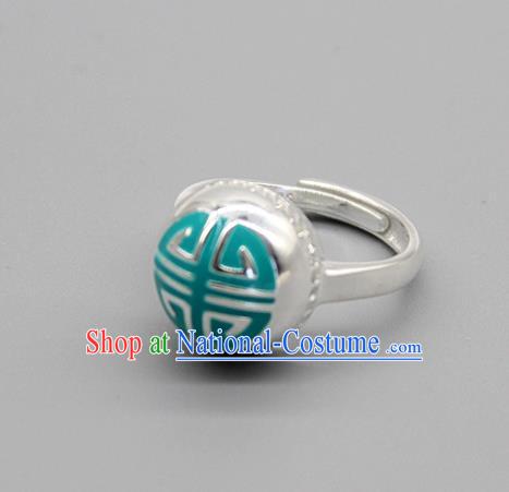 Chinese Traditional Tibetan Ethnic Green Rings Handmade Zang Nationality Sliver Finger Ring for Women