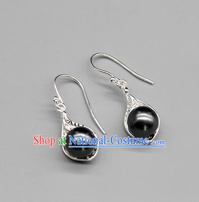 Chinese Traditional Mongolion Ethnic Black Pearl Ear Accessories Mongol Nationality Handmade Earrings for Women