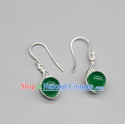 Chinese Traditional Mongolion Ethnic Green Agate Ear Accessories Mongol Nationality Handmade Earrings for Women