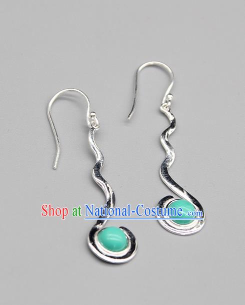 Chinese Traditional Mongolion Ethnic Blue Stone Sliver Ear Accessories Mongol Nationality Handmade Earrings for Women