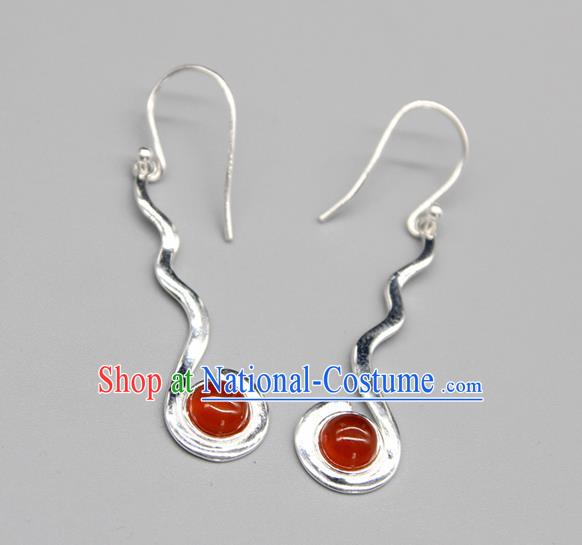 Chinese Traditional Mongolion Ethnic Agate Sliver Ear Accessories Mongol Nationality Handmade Earrings for Women