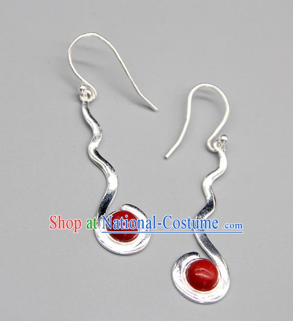 Chinese Traditional Mongolion Ethnic Red Stone Sliver Ear Accessories Mongol Nationality Handmade Earrings for Women