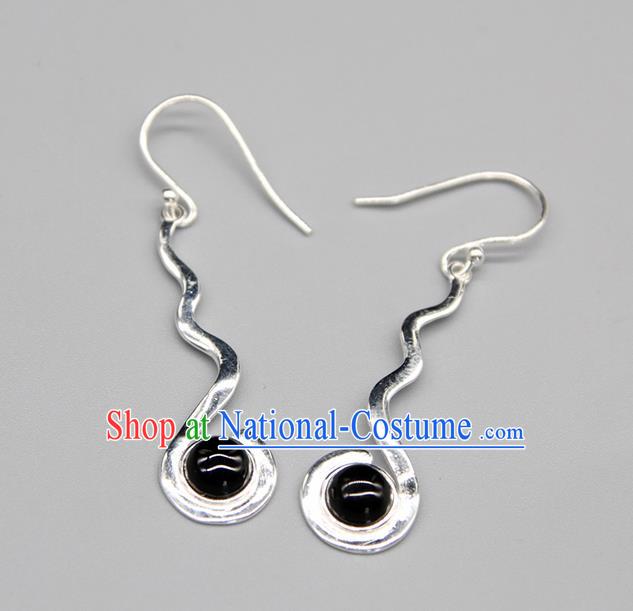 Chinese Traditional Mongolion Ethnic Black Stone Sliver Ear Accessories Mongol Nationality Handmade Earrings for Women