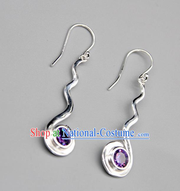 Chinese Traditional Mongolion Ethnic Purple Crystal Sliver Ear Accessories Mongol Nationality Handmade Earrings for Women