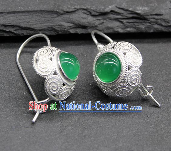 Chinese Traditional Mongolion Ethnic Sliver Carving Ear Accessories Mongol Nationality Green Agate Earrings for Women