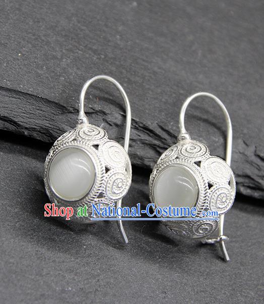 Chinese Traditional Mongolion Ethnic Sliver Carving Ear Accessories Mongol Nationality Opal Earrings for Women