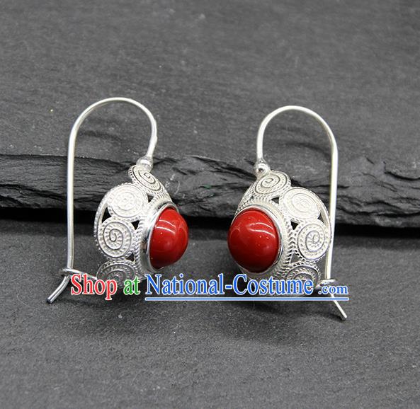 Chinese Traditional Mongolion Ethnic Sliver Carving Ear Accessories Mongol Nationality Red Earrings for Women