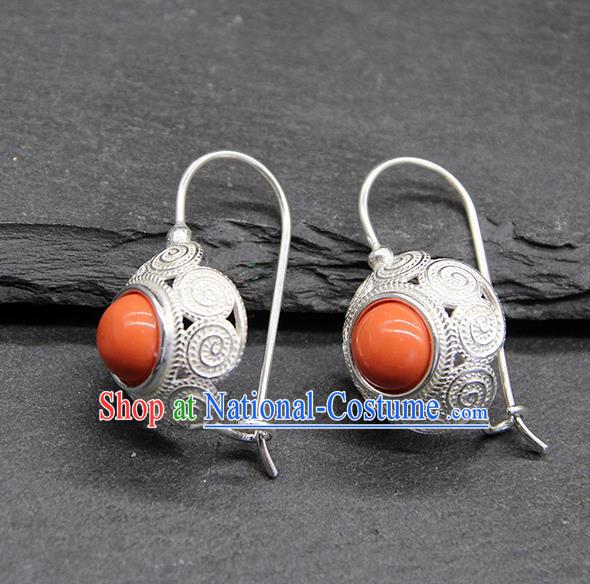 Chinese Traditional Mongolion Ethnic Sliver Carving Ear Accessories Mongol Nationality Coral Stone Earrings for Women