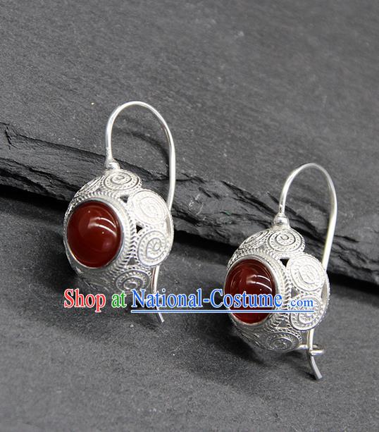 Chinese Traditional Mongolion Ethnic Sliver Carving Ear Accessories Mongol Nationality Agate Earrings for Women