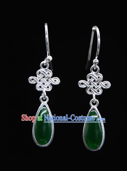 Chinese Traditional Mongolion Ethnic Chinese Knot Ear Accessories Mongol Nationality Green Agate Earrings for Women