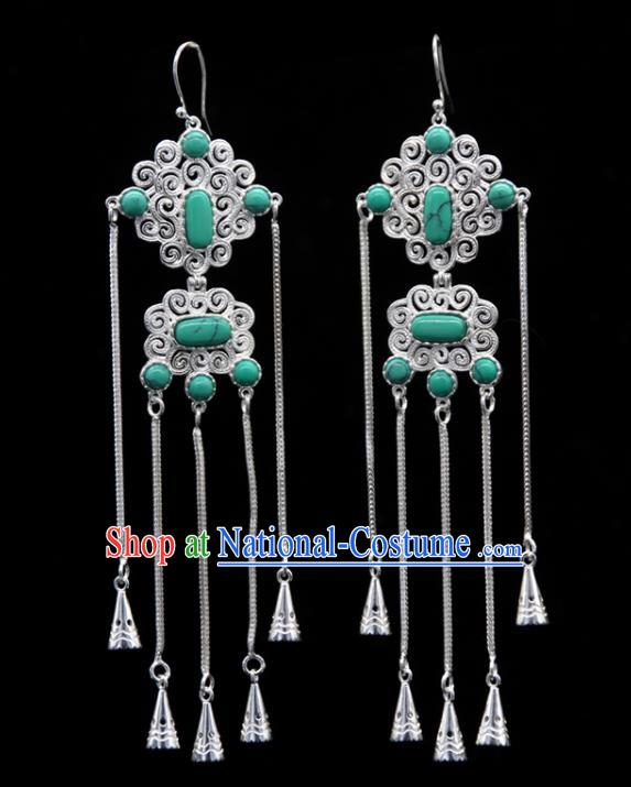 Chinese Traditional Ethnic Wedding Ear Accessories Mongol Nationality Handmade Green Stone Tassel Earrings for Women