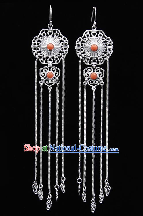 Chinese Traditional Mongolion Ethnic Coral Stone Sliver Tassel Ear Accessories Mongol Nationality Earrings for Women