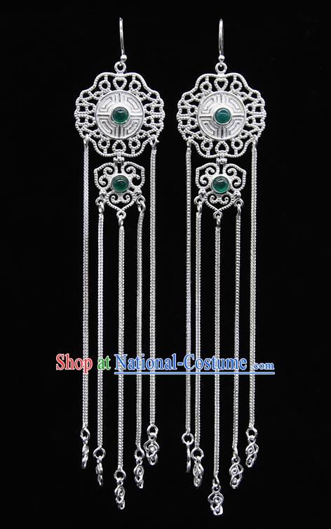 Chinese Traditional Mongolion Ethnic Green Agate Sliver Tassel Ear Accessories Mongol Nationality Earrings for Women