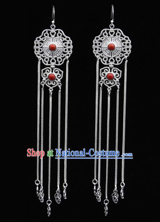 Chinese Traditional Mongolion Ethnic Red Stone Sliver Tassel Ear Accessories Mongol Nationality Earrings for Women