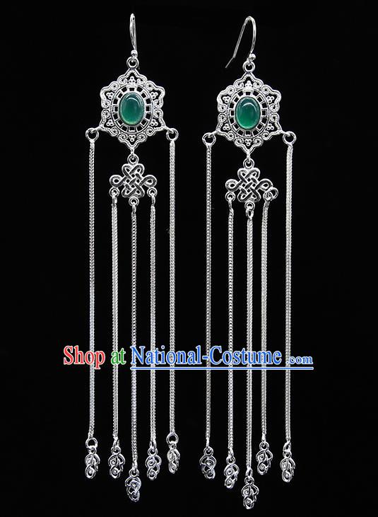 Chinese Traditional Mongolion Ethnic Wedding Sliver Tassel Ear Accessories Mongol Nationality Green Agate Earrings for Women