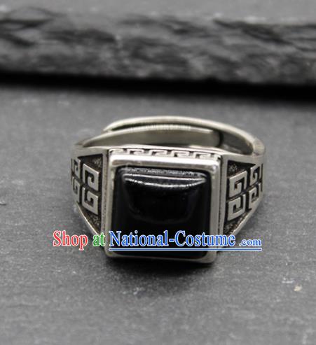 Chinese Traditional Tibetan Ethnic Black Stone Rings Handmade Zang Nationality Sliver Finger Ring for Men