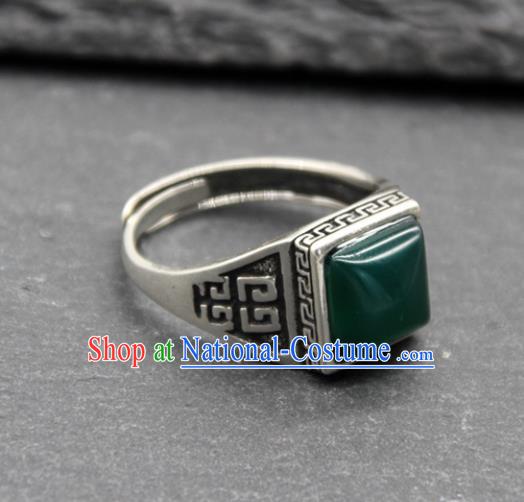 Chinese Traditional Tibetan Ethnic Green Stone Rings Handmade Zang Nationality Sliver Finger Ring for Men