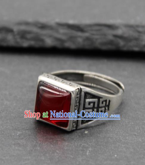 Chinese Traditional Tibetan Ethnic Agate Rings Handmade Zang Nationality Sliver Finger Ring for Men