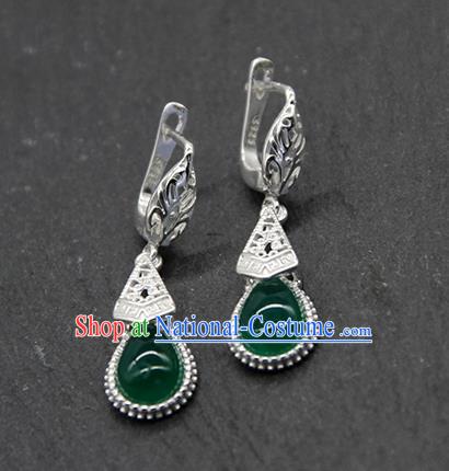 Chinese Traditional Ethnic Wedding Green Agate Ear Accessories Mongolion Nationality Earrings for Women