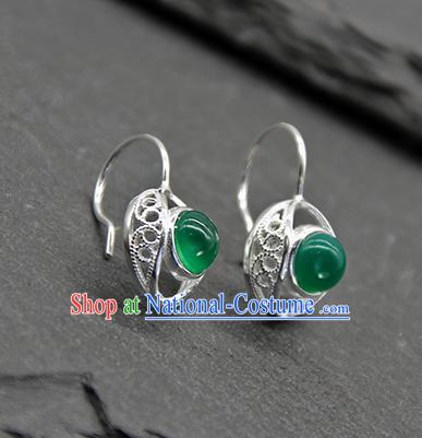 Chinese Traditional Tibetan Ethnic Green Agate Ear Accessories Zang Nationality Earrings for Women