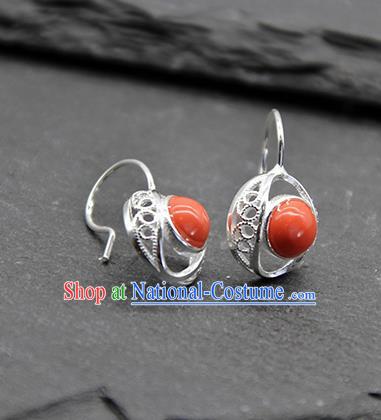 Chinese Traditional Tibetan Ethnic Coral Stone Ear Accessories Zang Nationality Earrings for Women