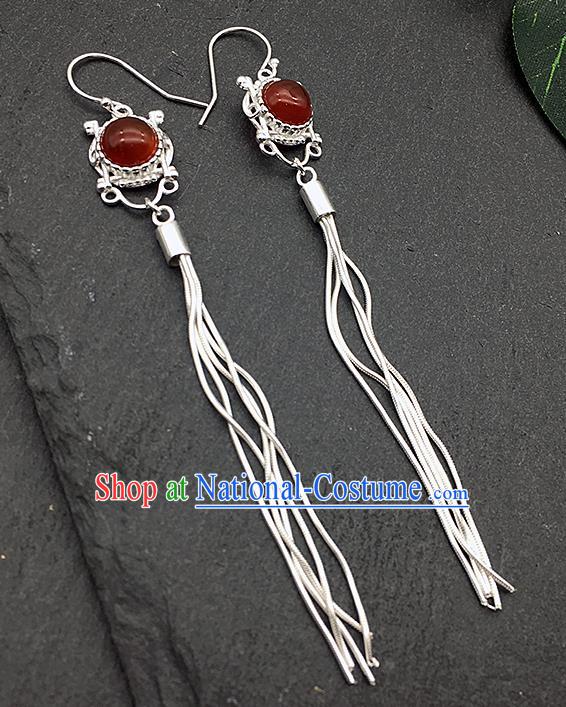 Chinese Traditional Tibetan Ethnic Garnet Sliver Long Tassel Ear Accessories Zang Nationality Earrings for Women