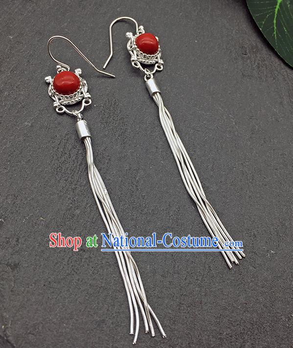 Chinese Traditional Tibetan Ethnic Red Sliver Long Tassel Ear Accessories Zang Nationality Earrings for Women