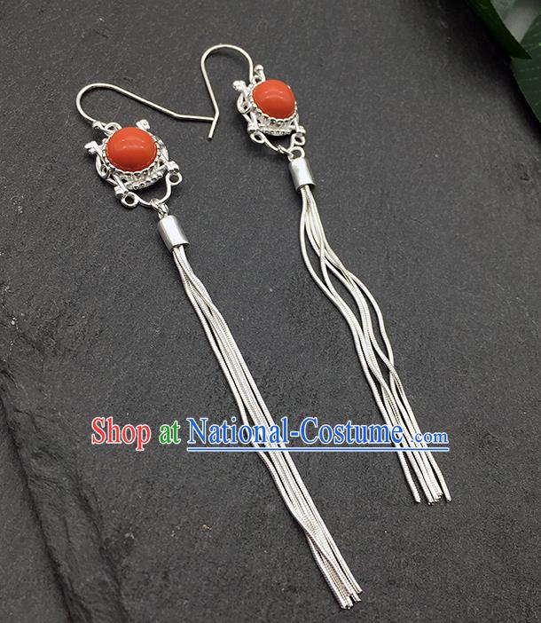 Chinese Traditional Tibetan Ethnic Coral Stone Sliver Long Tassel Ear Accessories Zang Nationality Earrings for Women