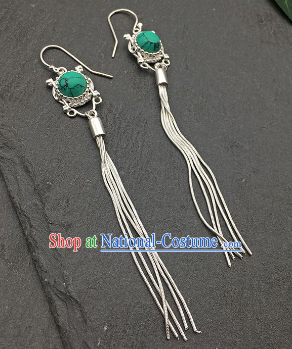 Chinese Traditional Tibetan Ethnic Kallaite Sliver Long Tassel Ear Accessories Zang Nationality Earrings for Women