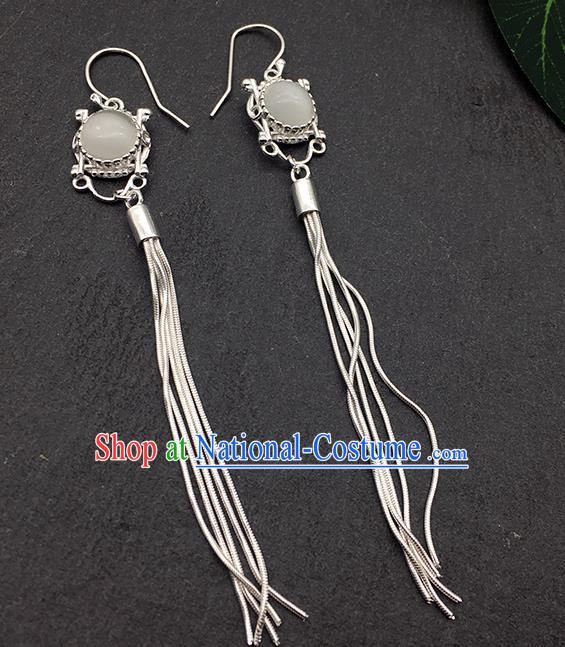 Chinese Traditional Tibetan Ethnic Opal Sliver Long Tassel Ear Accessories Zang Nationality Earrings for Women