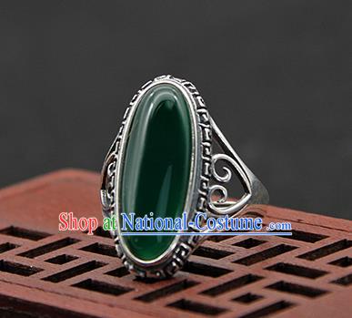 Chinese Traditional Ethnic Green Agate Rings Handmade Tibetan Nationality Sliver Finger Ring for Women