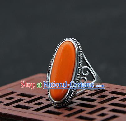 Chinese Traditional Ethnic Coral Stone Rings Handmade Tibetan Nationality Sliver Finger Ring for Women