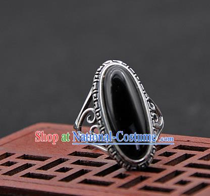 Chinese Traditional Ethnic Black Rings Handmade Tibetan Nationality Sliver Finger Ring for Women