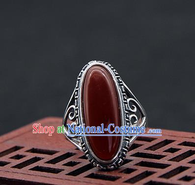 Chinese Traditional Ethnic Agate Rings Handmade Tibetan Nationality Sliver Finger Ring for Women