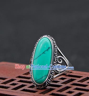 Chinese Traditional Ethnic Green Rings Handmade Tibetan Nationality Sliver Finger Ring for Women