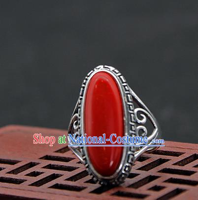 Chinese Traditional Ethnic Red Rings Handmade Tibetan Nationality Sliver Finger Ring for Women