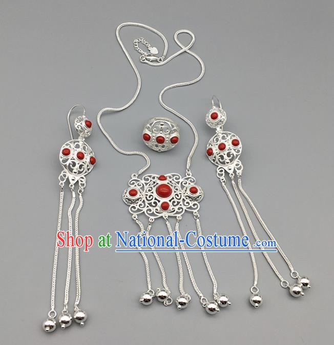 Chinese Traditional Mongolian Ethnic Sliver Accessories Mongol Nationality Red Necklace and Earrings Ring for Women