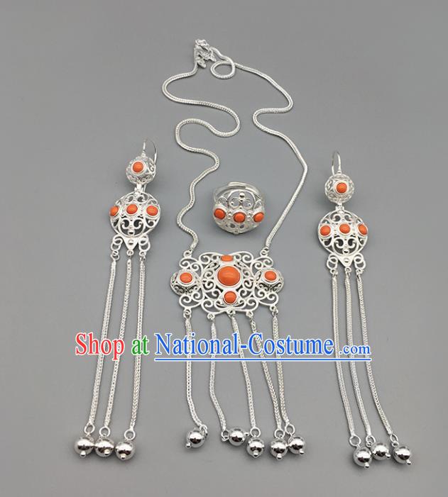 Chinese Traditional Mongolian Ethnic Sliver Accessories Mongol Nationality Coral Stone Necklace and Earrings Ring for Women