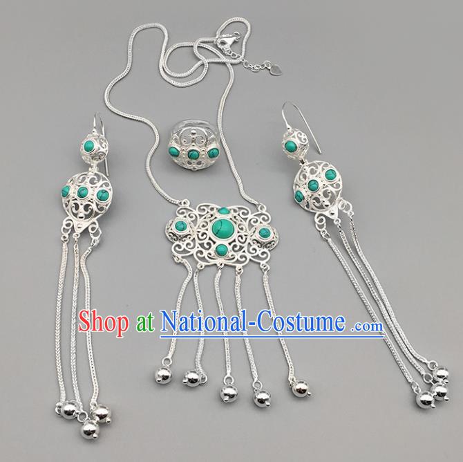 Chinese Traditional Mongolian Ethnic Sliver Accessories Mongol Nationality Kallaite Necklace and Earrings Ring for Women