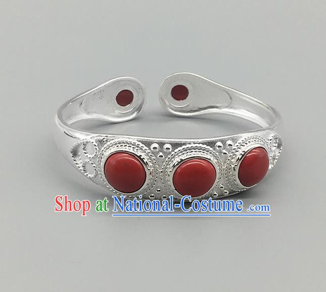 Chinese Traditional Ethnic Red Bracelet Handmade Mongolian Nationality Sliver Bangle for Women