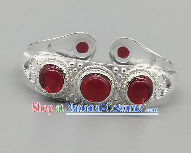 Chinese Traditional Ethnic Agate Bracelet Handmade Mongolian Nationality Sliver Bangle for Women