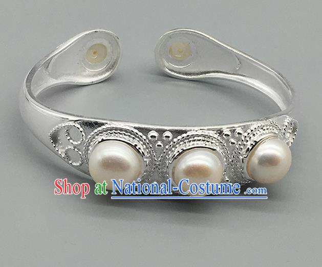 Chinese Traditional Ethnic Pearls Bracelet Handmade Mongolian Nationality Sliver Bangle for Women