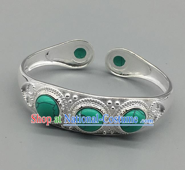 Chinese Traditional Ethnic Green Bracelet Handmade Mongolian Nationality Sliver Bangle for Women