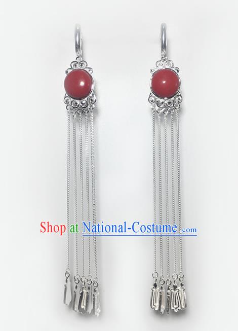 Chinese Traditional Mongolian Ethnic Accessories Mongol Nationality Red Sliver Tassel Earrings for Women