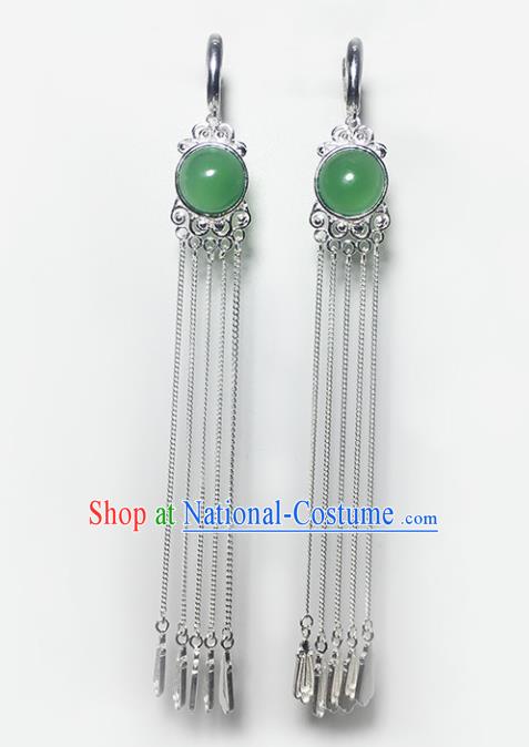 Chinese Traditional Mongolian Ethnic Accessories Mongol Nationality Green Agate Sliver Tassel Earrings for Women