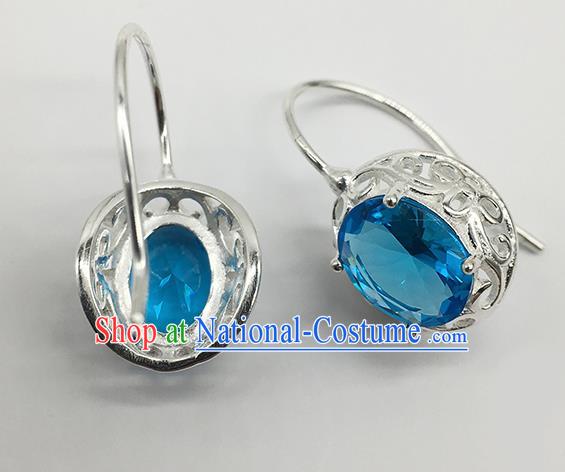 Chinese Traditional Mongolian Ethnic Accessories Mongol Nationality Blue Crystal Earrings for Women