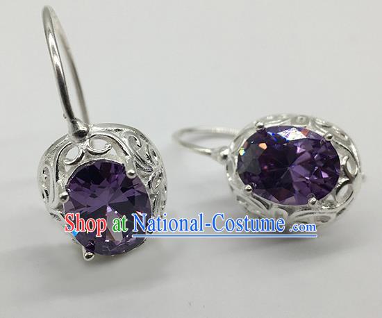 Chinese Traditional Mongolian Ethnic Accessories Mongol Nationality Purple Crystal Earrings for Women