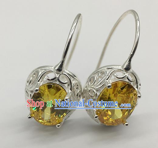 Chinese Traditional Mongolian Ethnic Accessories Mongol Nationality Yellow Crystal Earrings for Women