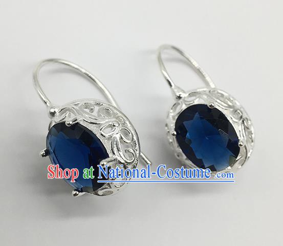 Chinese Traditional Mongolian Ethnic Accessories Mongol Nationality Royalblue Crystal Earrings for Women